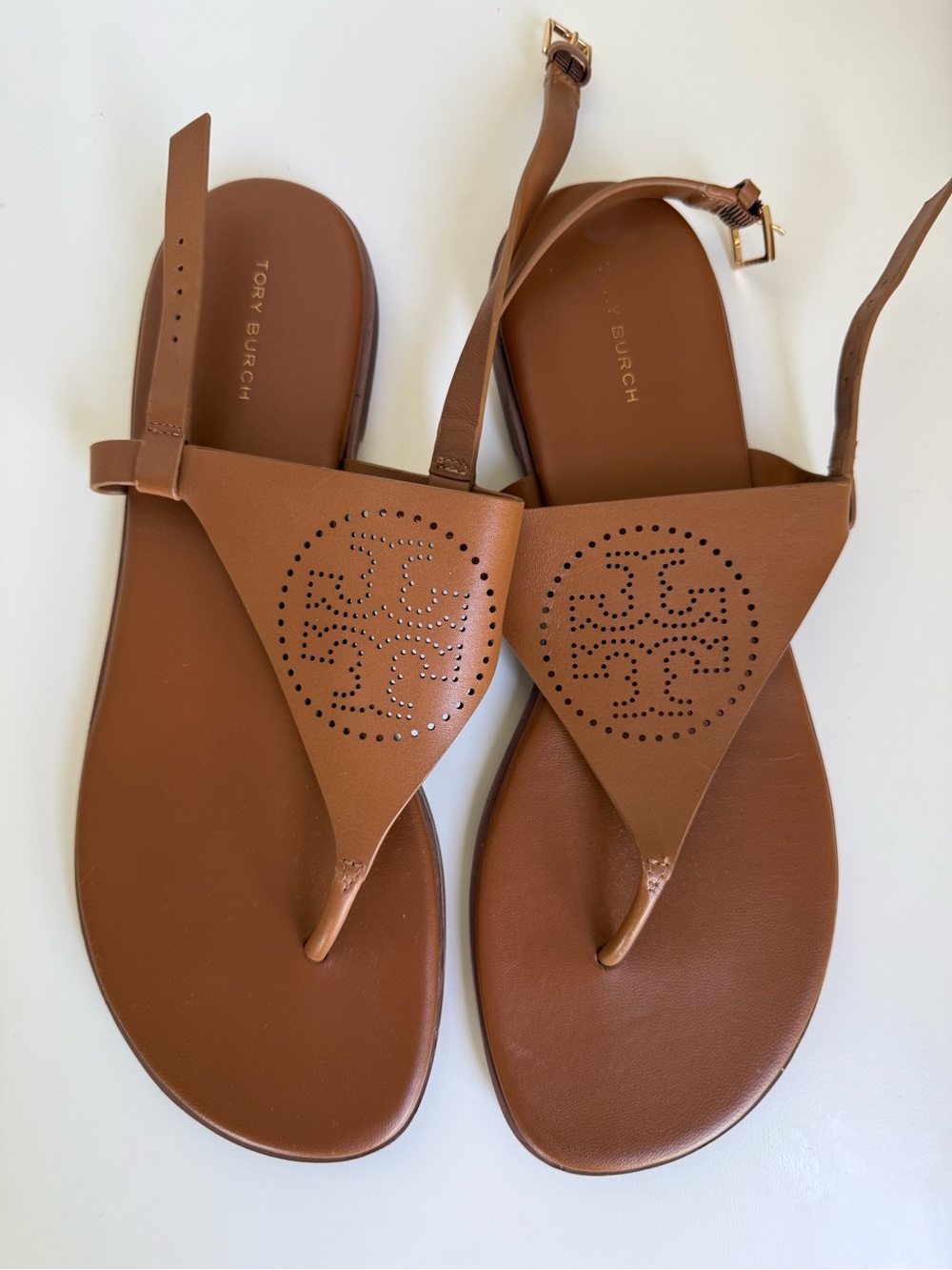 Tory Burch Cognac Perforated Logo Leather Thong Sandals Size 9